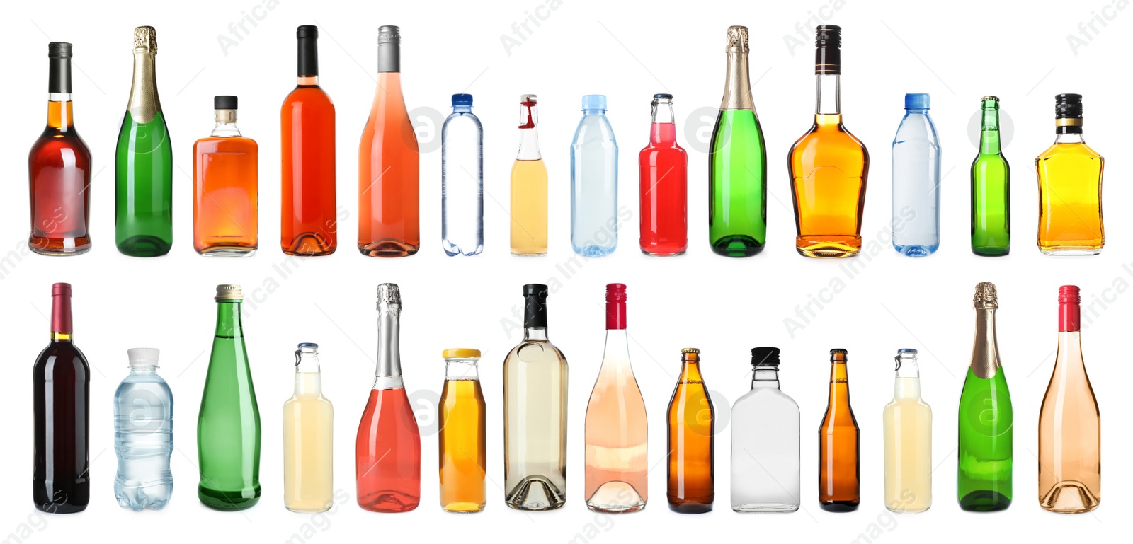 Image of Set of bottles with different drinks on white background. Banner design