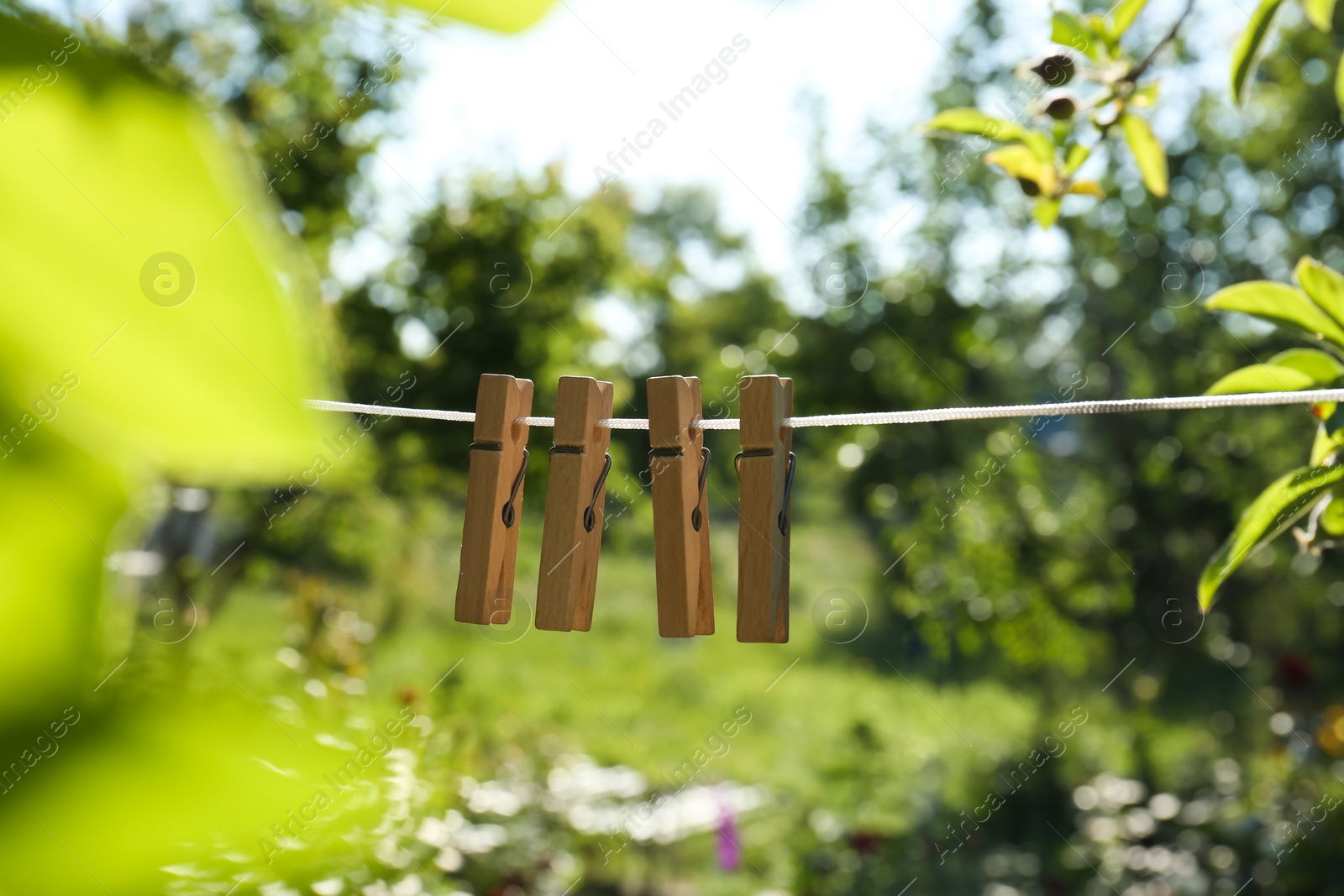 Photo of Wooden clothespins hanging on washing line outdoors