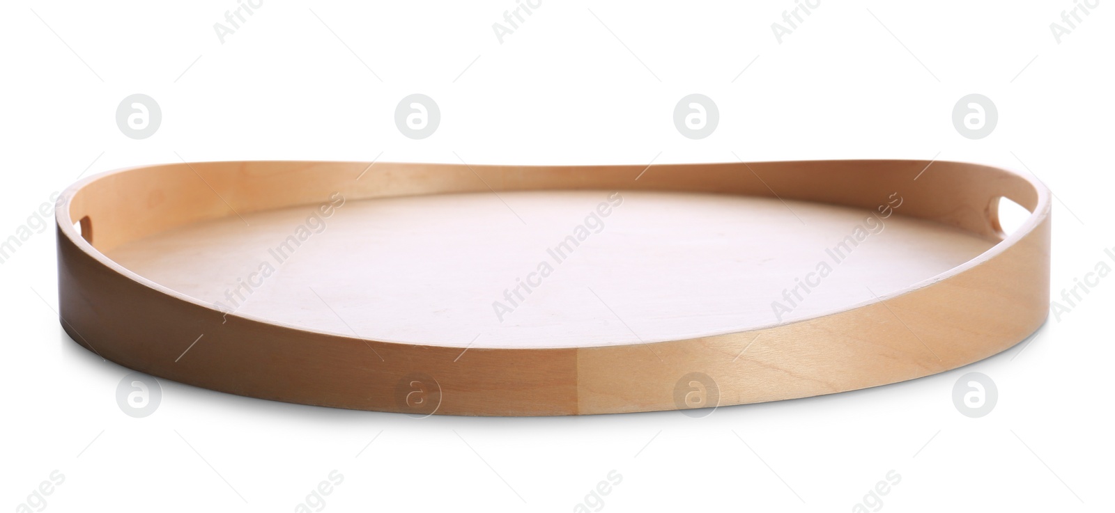 Photo of One empty wooden tray isolated on white