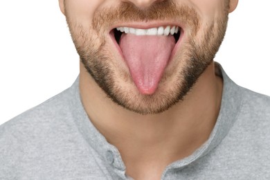 Man showing his tongue on white background, closeup