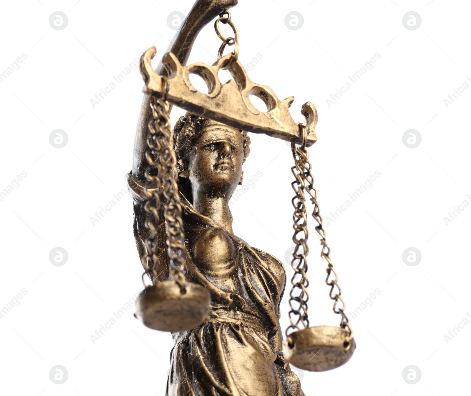 Photo of Statue of Lady Justice isolated on white, low angle view. Symbol of fair treatment under law