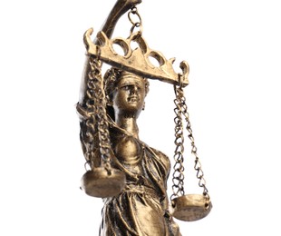 Photo of Statue of Lady Justice isolated on white, low angle view. Symbol of fair treatment under law