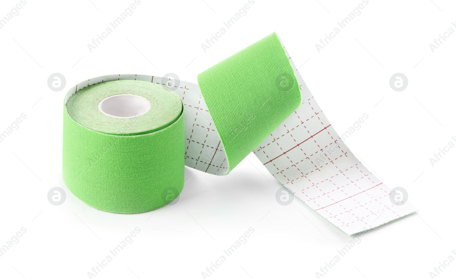 Photo of Green kinesio tape in roll on white background