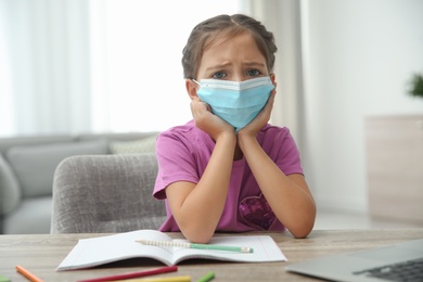 Distance learning, online studying at home due to Covid-19 pandemic. Girl in protective mask doing homework in room