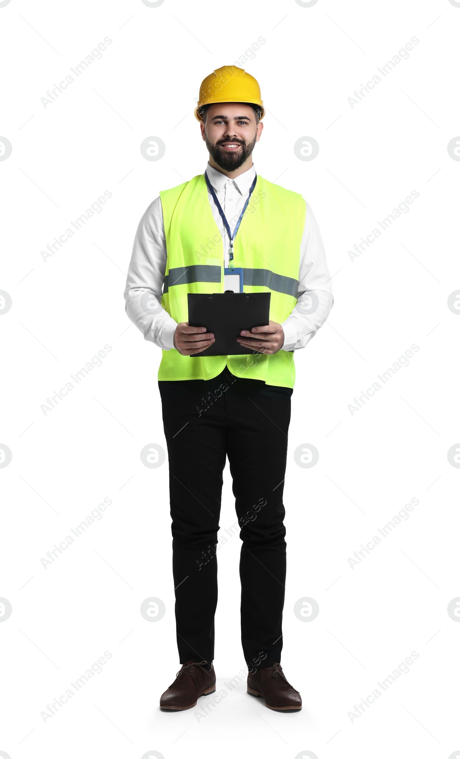 Photo of Engineer in hard hat holding clipboard on white background