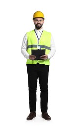 Engineer in hard hat holding clipboard on white background