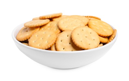 Tasty crackers in bowl isolated on white