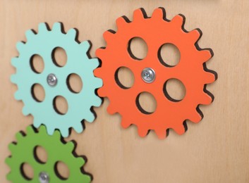 Closeup view of busy board. Baby sensory toy