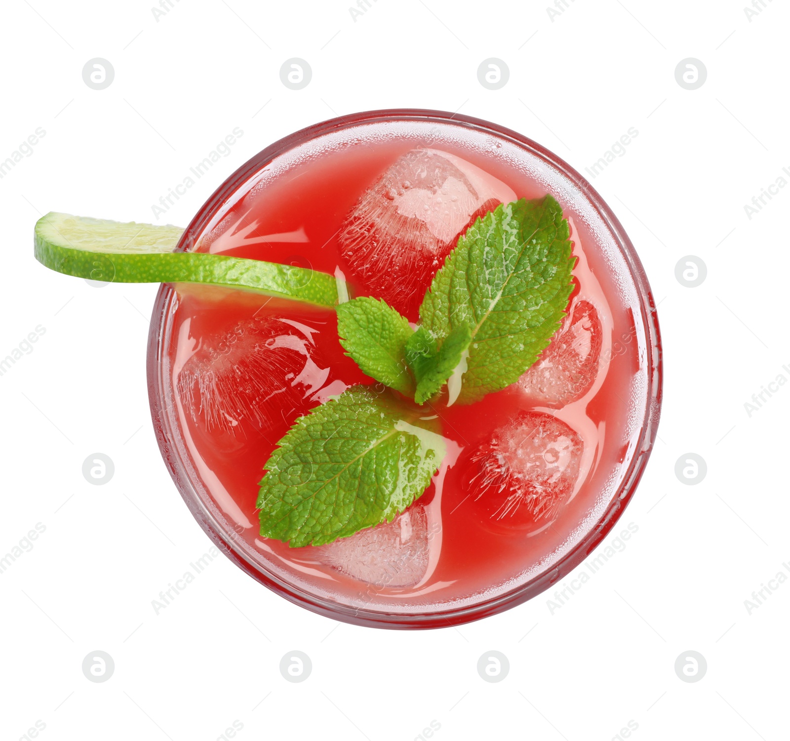 Photo of Tasty watermelon drink with slice of lime, mint and ice cubes in glass isolated on white, top view