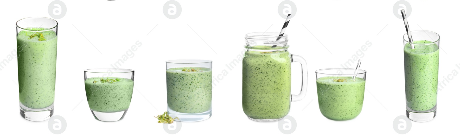 Image of Set with green buckwheat smoothies on white background. Banner design