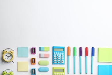 Photo of School stationery on white background, flat lay with space for text. Back to school