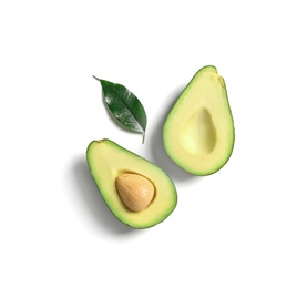 Ripe sliced avocado on white background