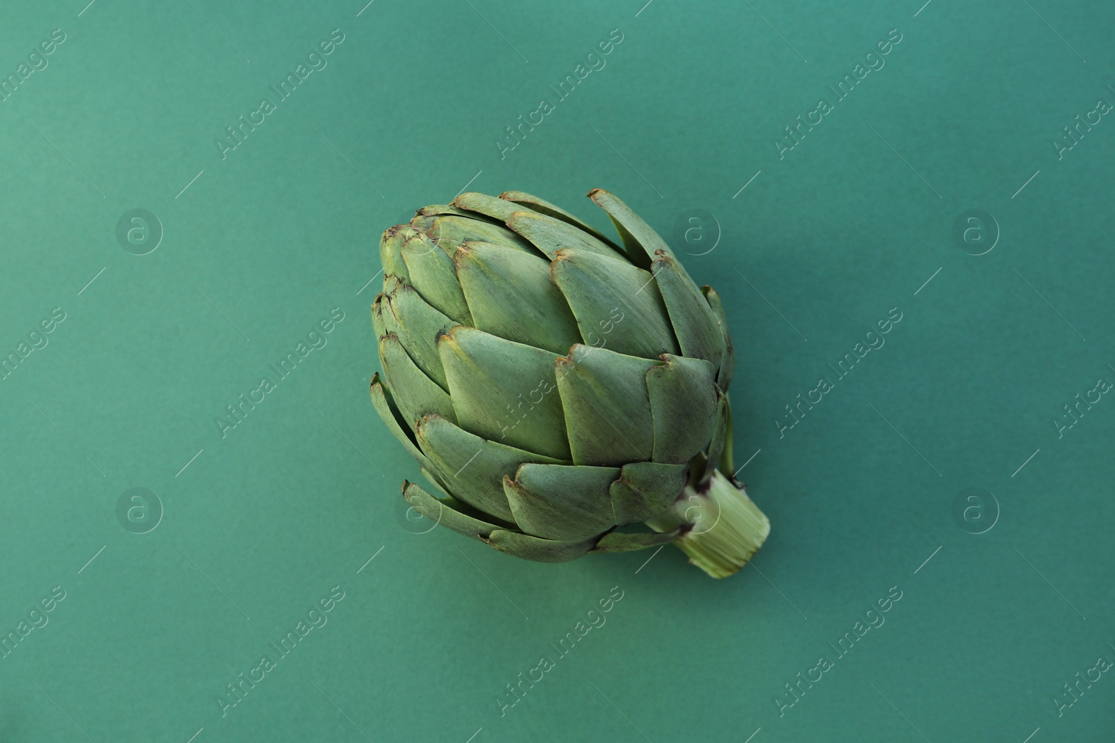 Photo of Whole fresh raw artichoke on green background, top view