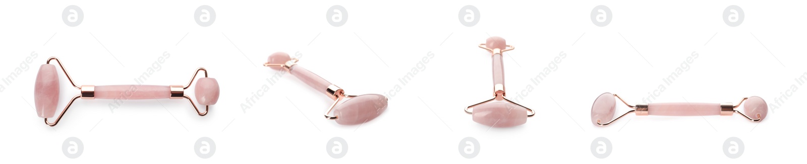 Image of Set with natural rose quartz face rollers on white background. Banner design