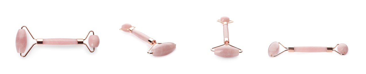 Image of Set with natural rose quartz face rollers on white background. Banner design