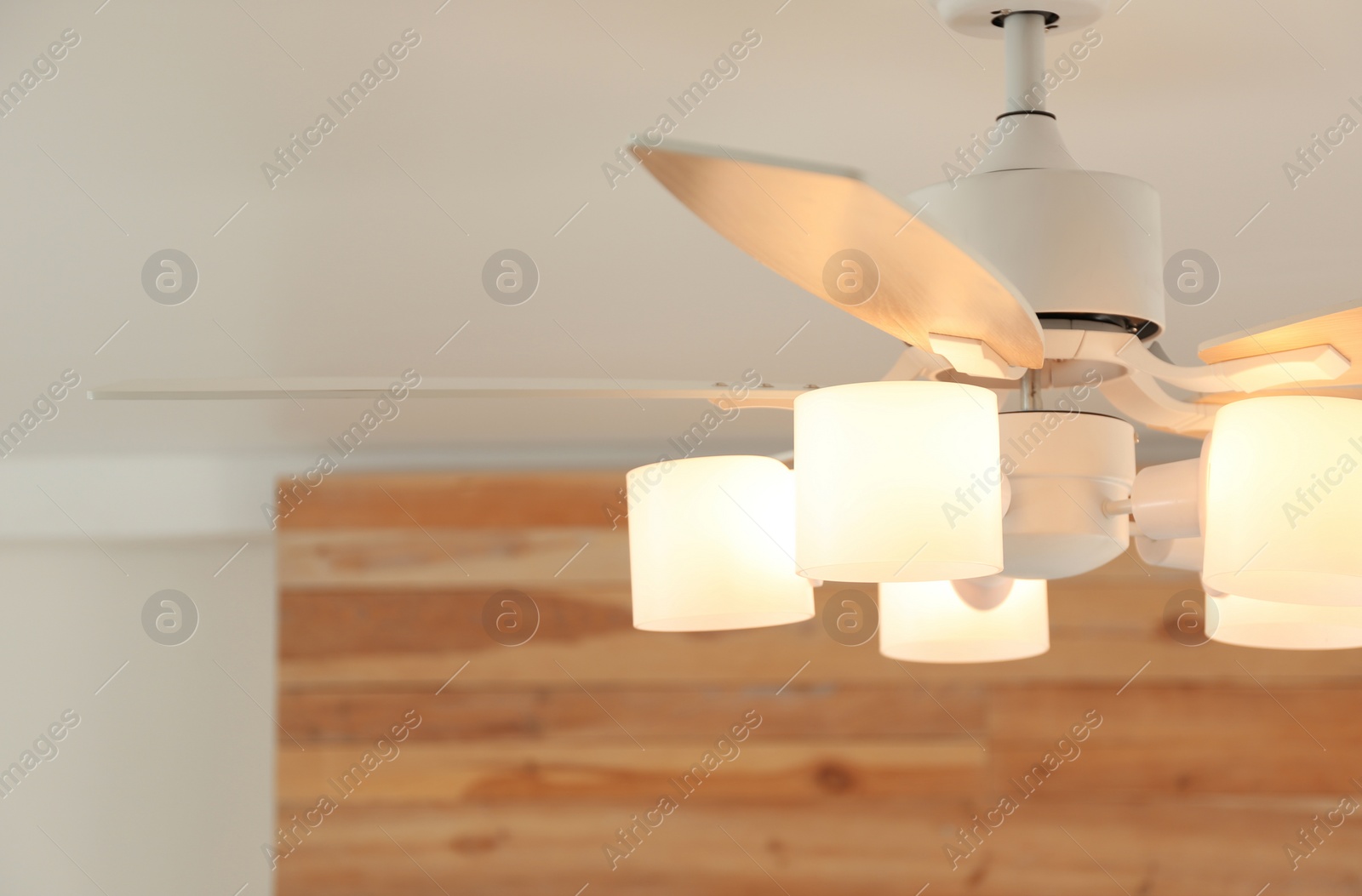 Photo of Modern ceiling fan with lamps indoors, closeup. Interior element