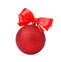 Photo of Beautiful red Christmas ball with bow isolated on white