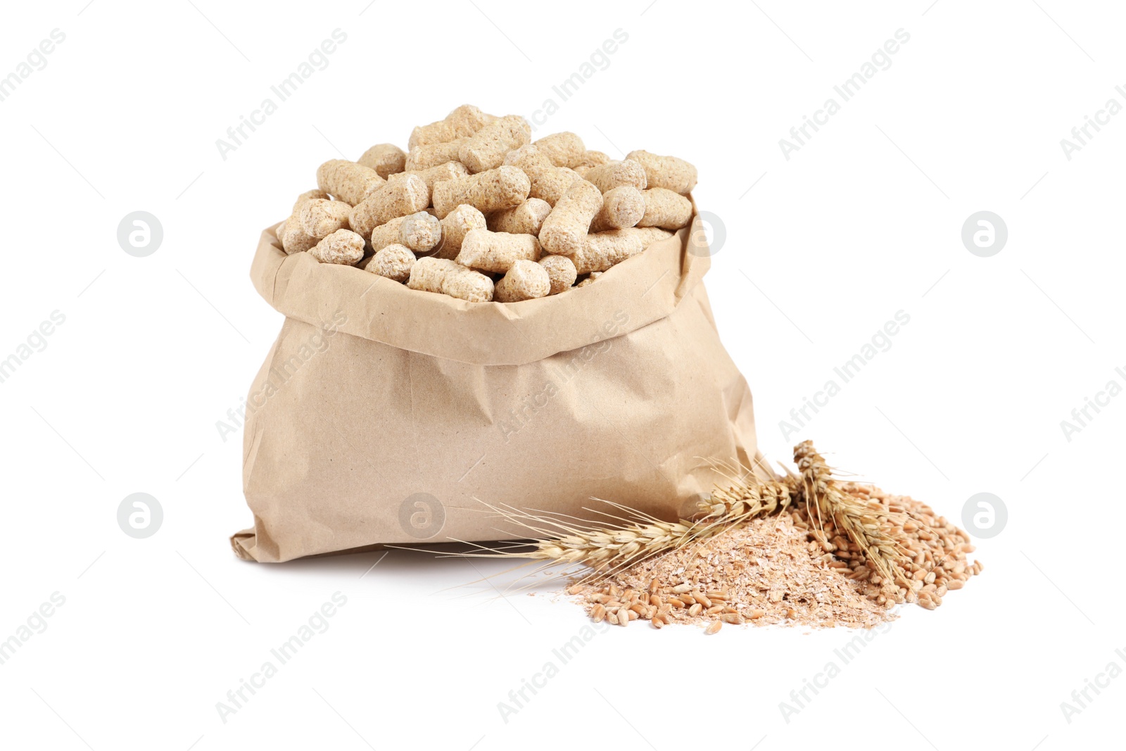 Photo of Granulated wheat bran in bag and spikelets on white background