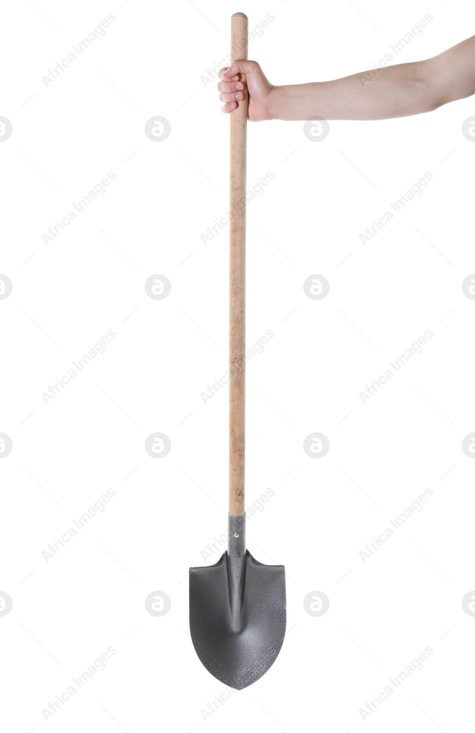 Man holding shovel on white background, closeup Photo of Man holding shovel on white background, closeup