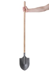 Photo of Man holding shovel on white background, closeup