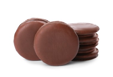 Photo of Delicious choco pies on white background. Classic snack cakes