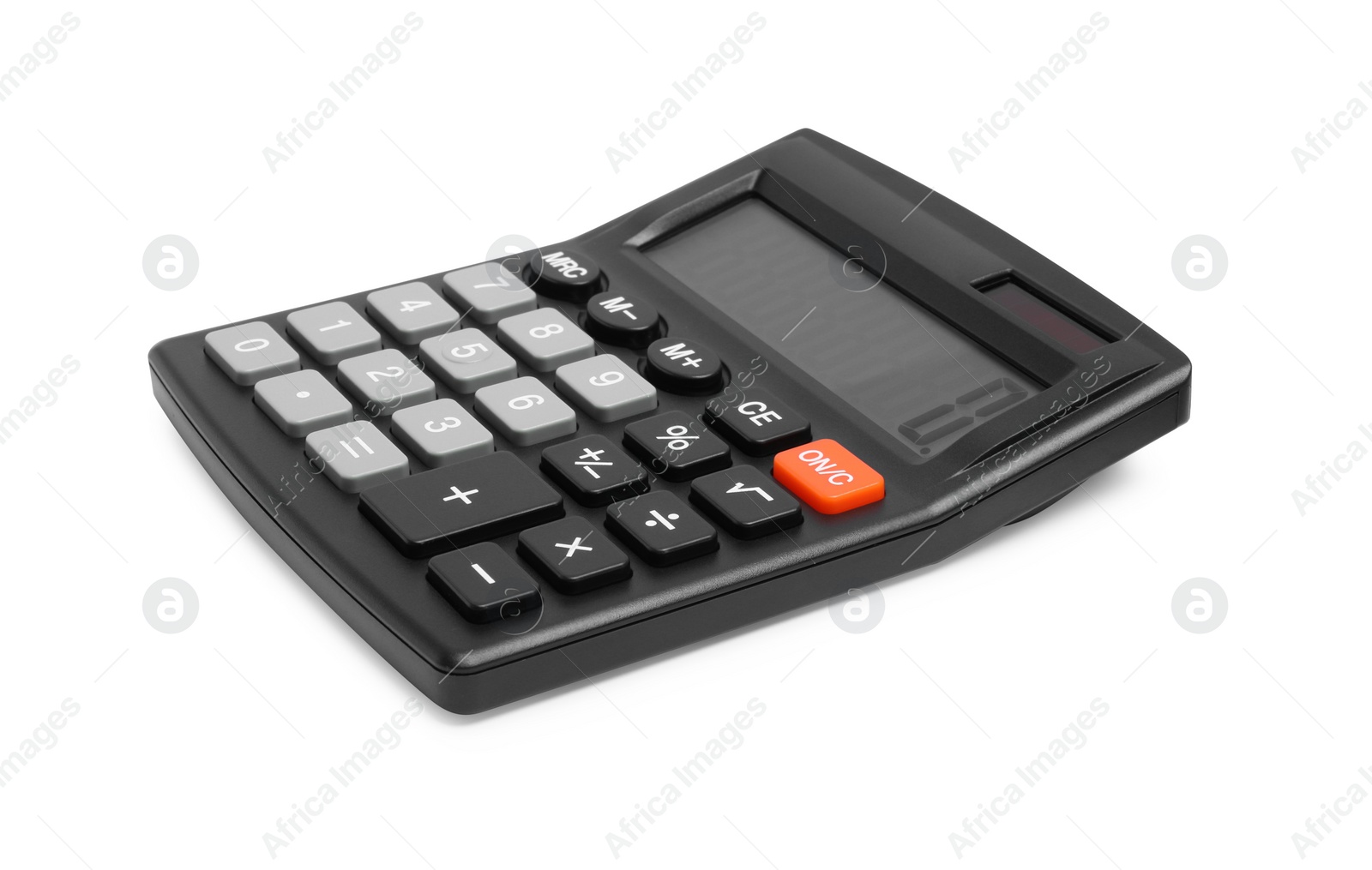 Photo of Black calculator isolated on white. Office stationery