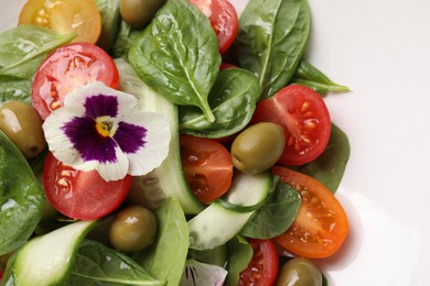 Photo of Delicious salad with vegetables and olives on plate, top view