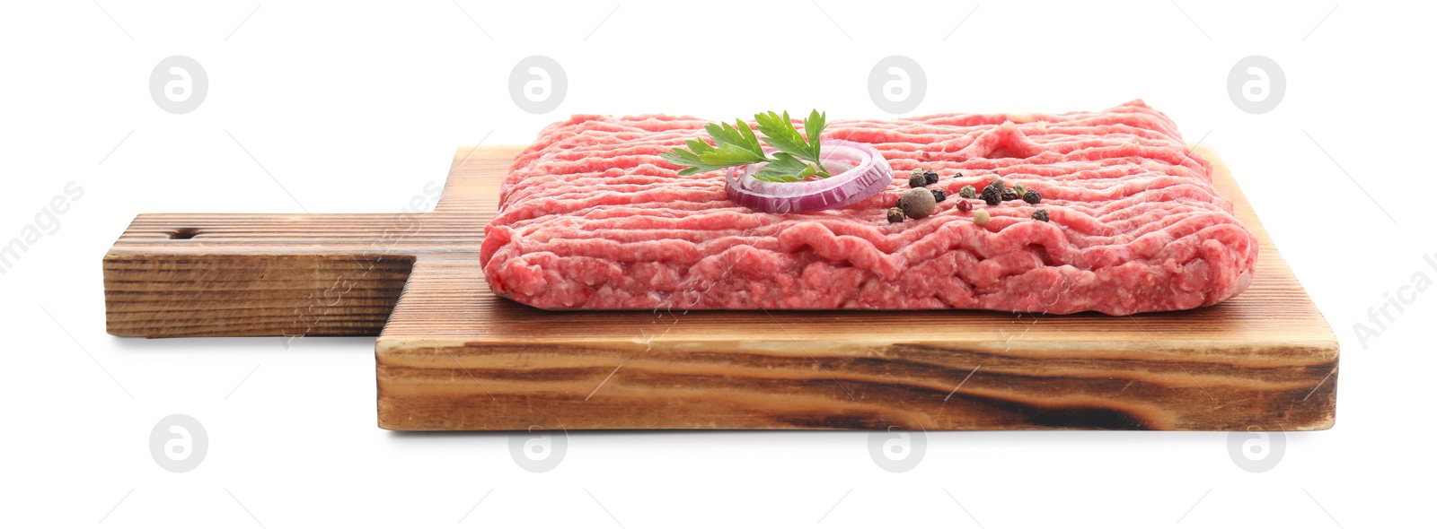 Photo of Board with raw ground meat, onion, peppercorns and parsley isolated on white