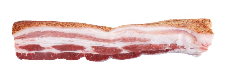 Photo of One piece of raw pork belly isolated on white, top view