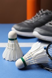 Feather badminton shuttlecocks and rackets on court, closeup