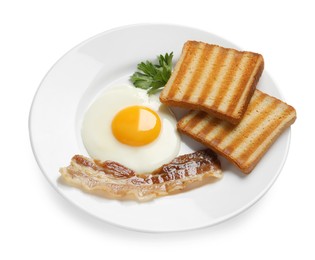 Photo of Tasty fried egg with toasts and bacon in plate isolated on white