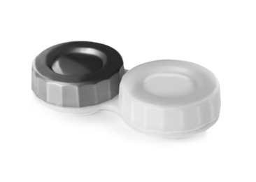 Photo of Container with contact lenses on white background. Medical item