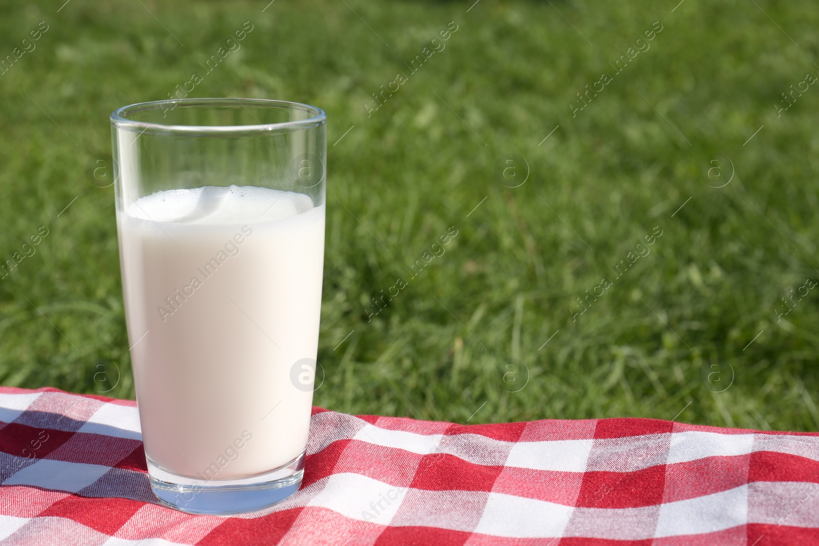 Photo of Glass of fresh milk on checkered blanket outdoors. Space for text