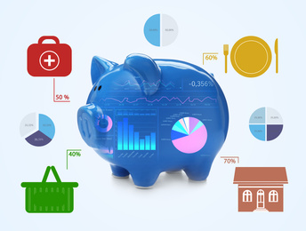 Image of Budget planning. Piggy bank with charts and different expenses icons
