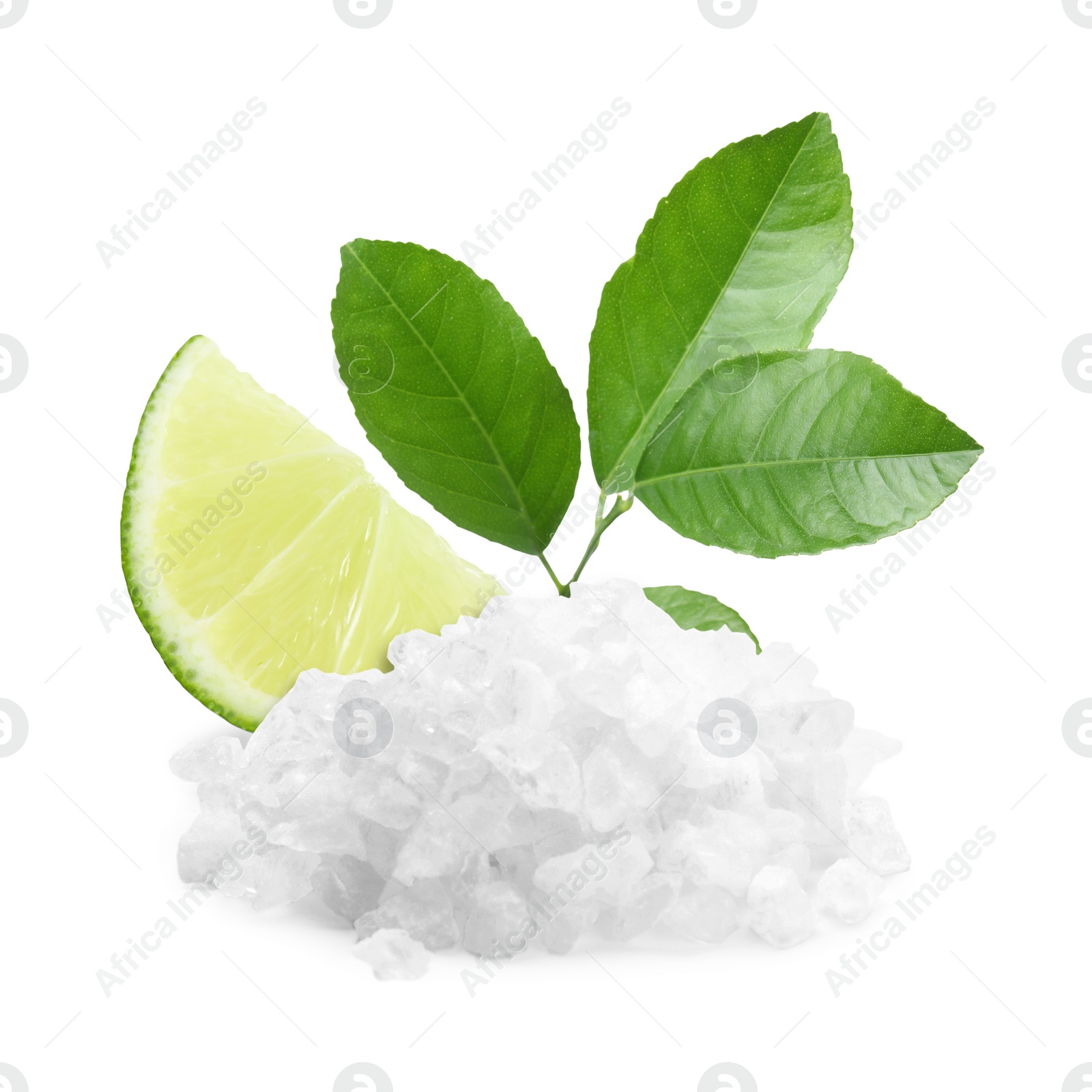 Image of Cut lime and salt isolated on white. Margarita cocktail ingredients