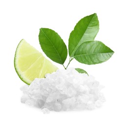 Image of Cut lime and salt isolated on white. Margarita cocktail ingredients