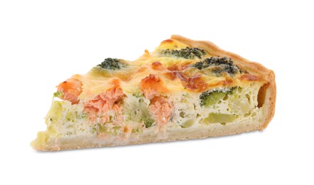 Piece of delicious homemade quiche with salmon and broccoli isolated on white