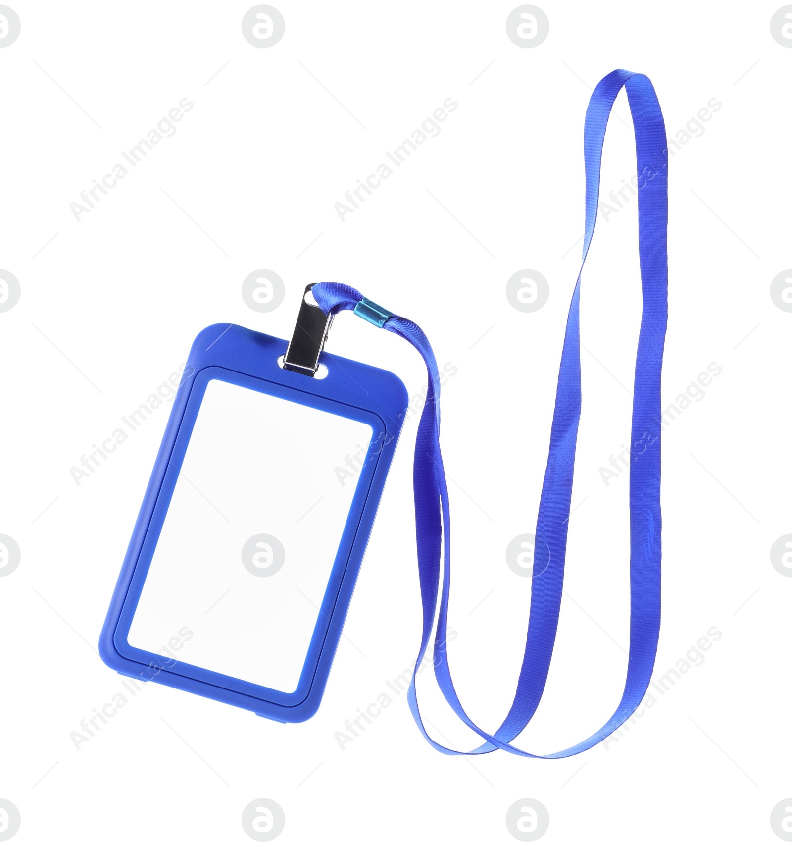 Photo of Blank blue badge with string isolated on white