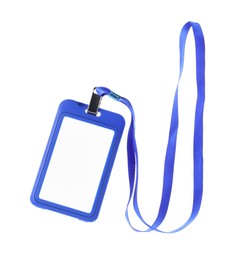 Photo of Blank blue badge with string isolated on white