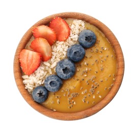 Photo of Delicious smoothie bowl with fresh berries, chia seeds and coconut flakes on white background, top view