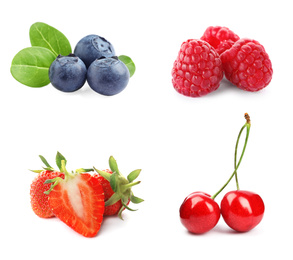 Image of Set of different ripe berries on white background