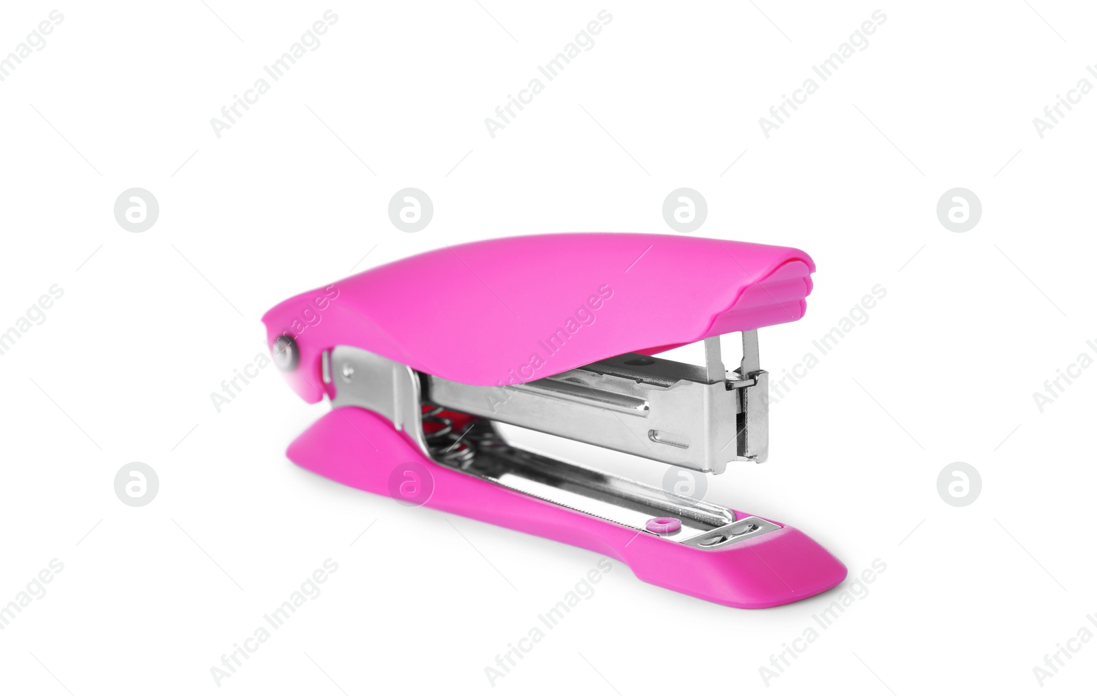 Photo of New bright pink stapler isolated on white