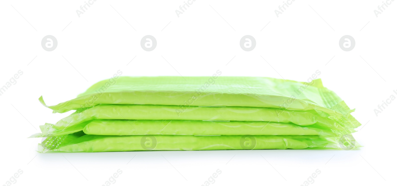 Photo of Stack of menstrual pads on white background. Gynecological care