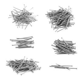 Image of Set with sharp metal nails on white background 
