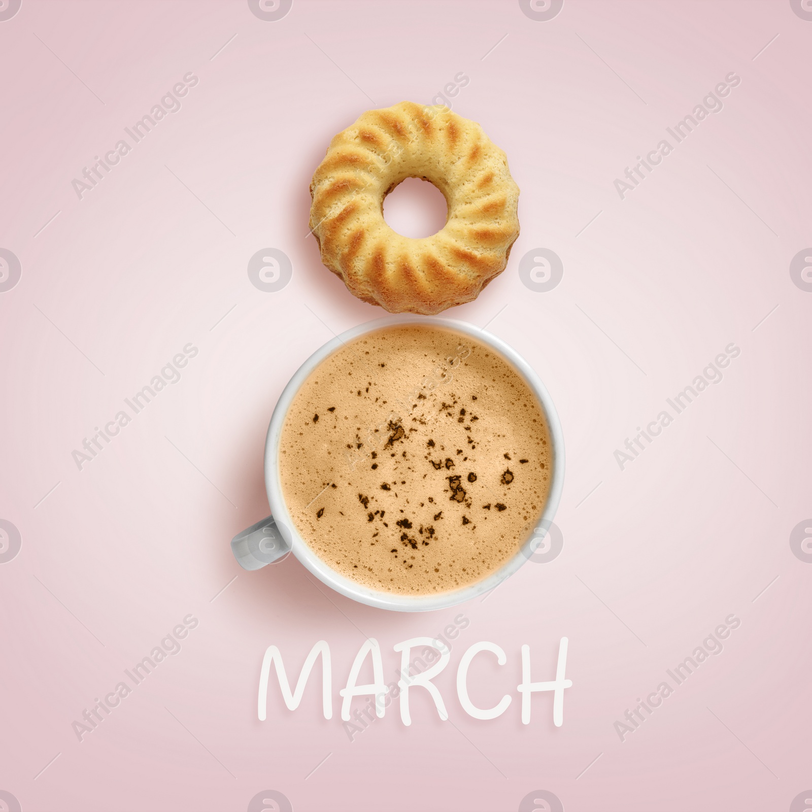 Image of 8 March - Happy International Women's Day. Card design with shape of number eight made of dessert and cappuccino on pink background, top view