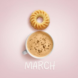 8 March - Happy International Women's Day. Card design with shape of number eight made of dessert and cappuccino on pink background, top view