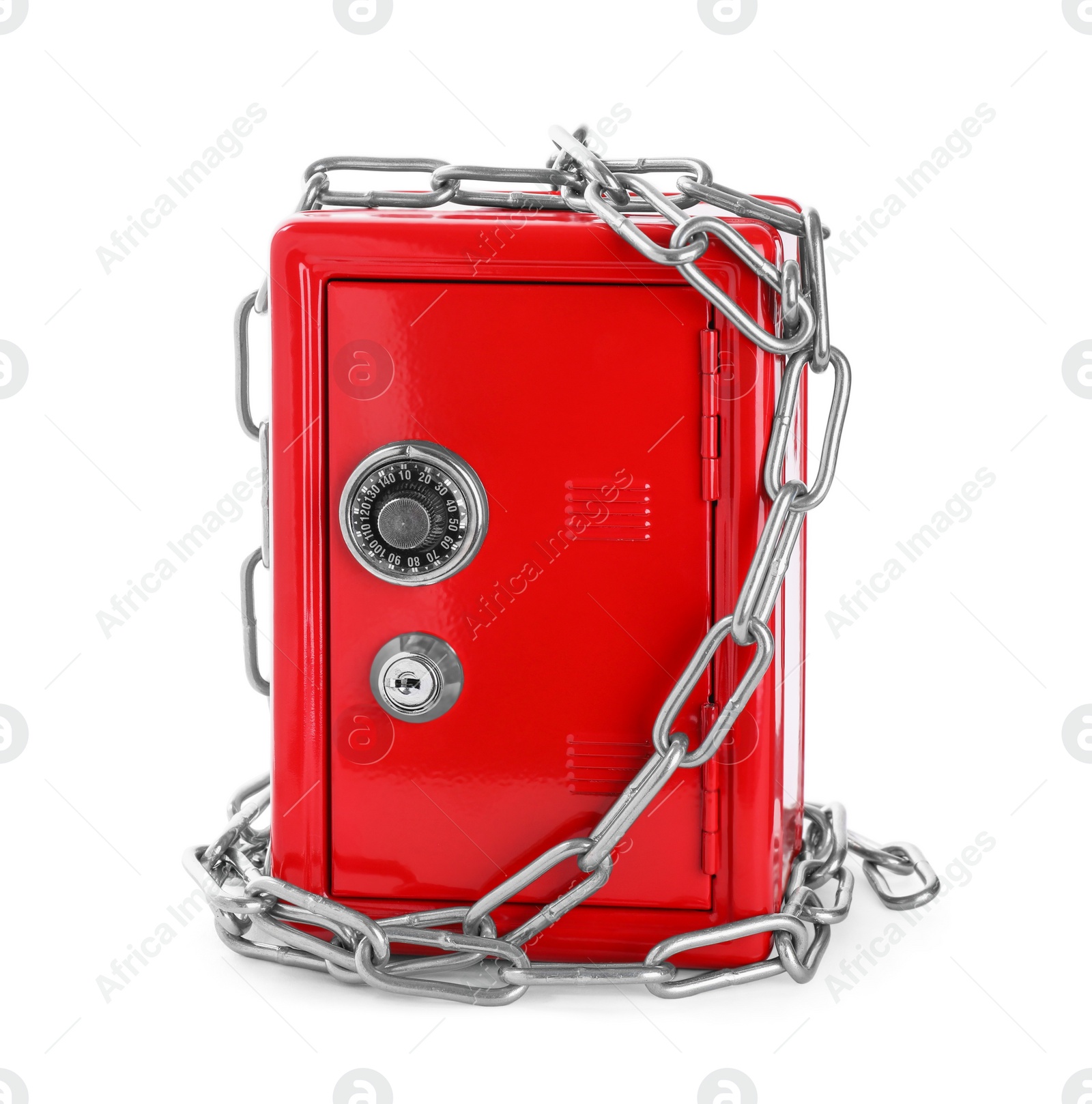 Photo of Red steel safe with chain isolated on white