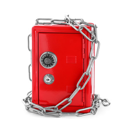Photo of Red steel safe with chain isolated on white