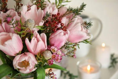 Photo of Beautiful bouquet with spring pink tulips on light background, closeup