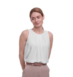 Photo of Portrait of beautiful shy businesswoman on white background
